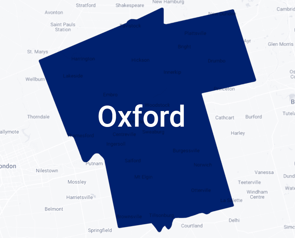 Map highlighting Oxford County, Ontario